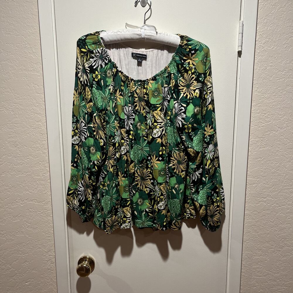 INC International Concepts Yellow Green Floral Top 1X Boho Retro 70s Hippie Bold